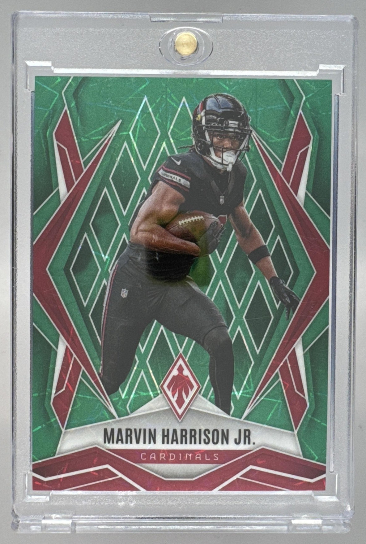 Card image for 2025 Panini Phoenix Marvin Harrison Jr. Green Lazer Prizm /49 #150 Cardinals