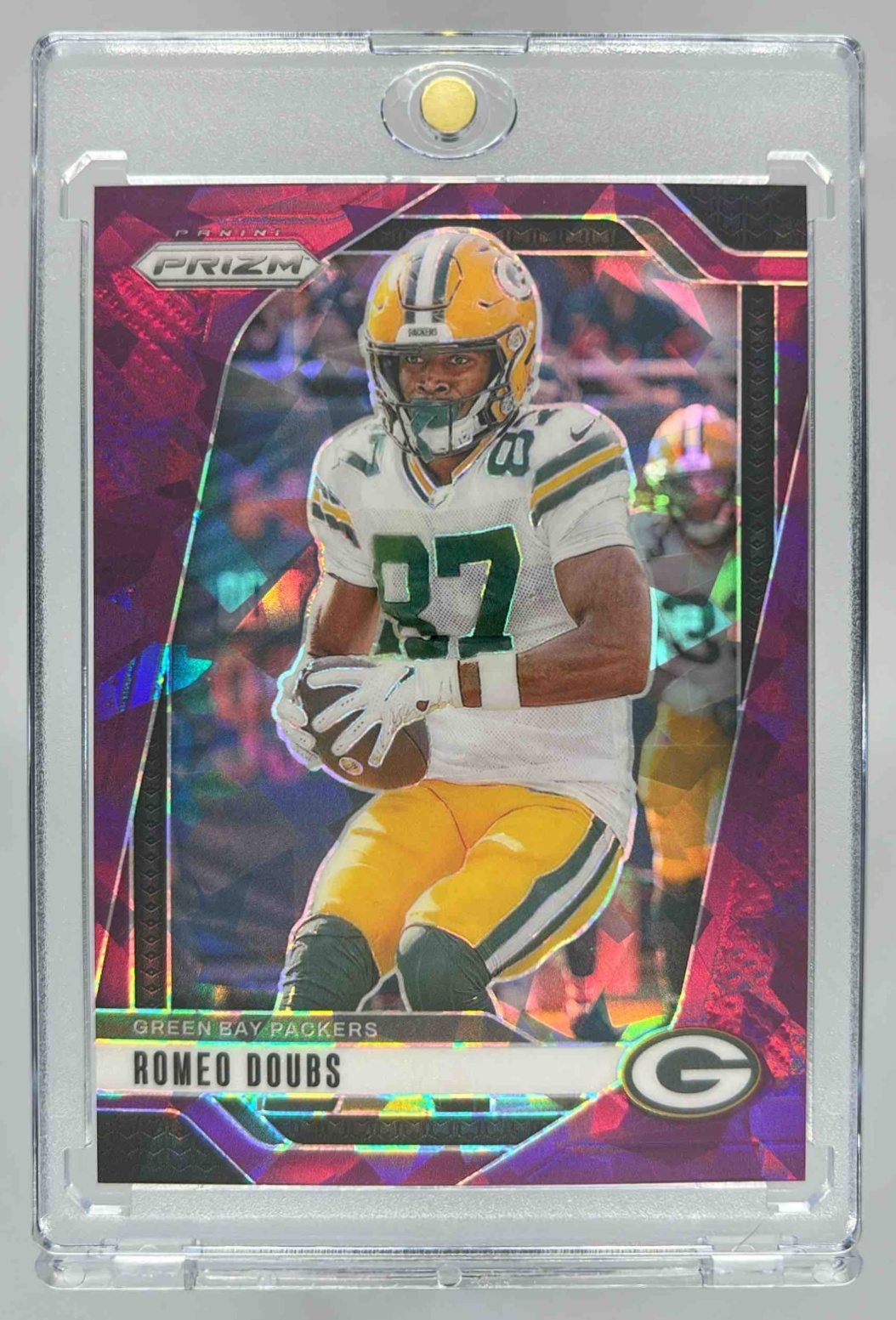 Card image for 2024 Panini Football Prizm Romeo Doubs Purple Ice /225 #104 Green Bay Packers