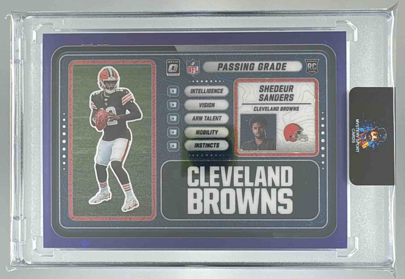 Card image for 2025 Panini Donruss Optic Shedeur Sanders Passing Grade Purple Stars Prizm /25 #3 RC Browns