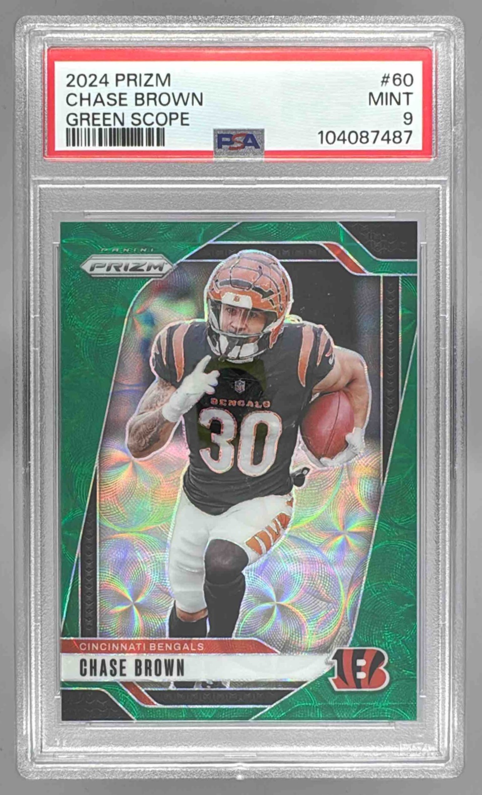 Card image for 2024 Panini Football Prizm Chase Brown Green Scope /75 #60 Cincinnati Bengals