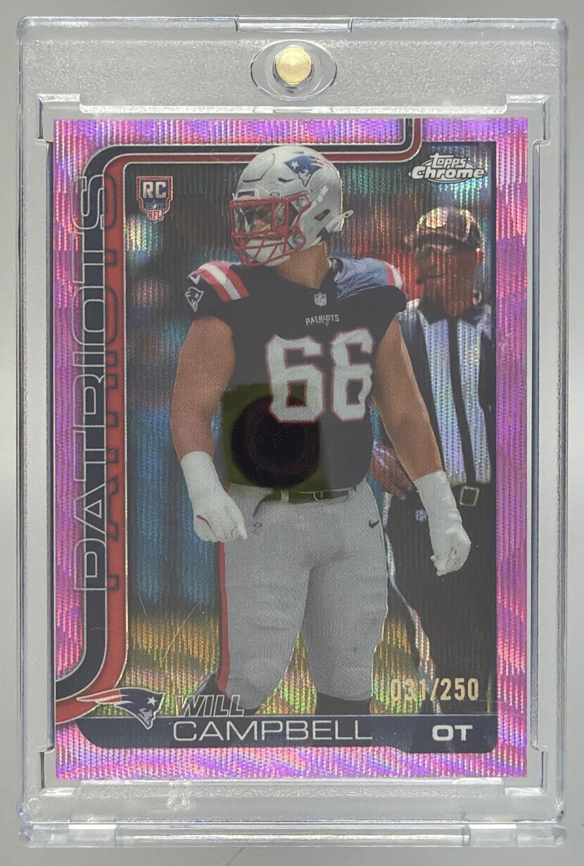Card image for 2025 Topps Chrome Will Campbell Rookie Pink Wave Refractor /250 #379 RC Patriots