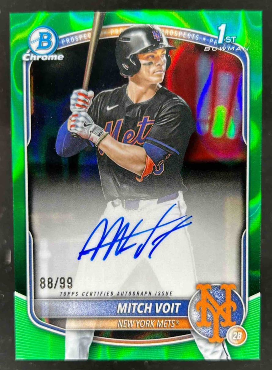 Card image for Mitch Voit 2025 Bowman Draft Chrome Prospect Auto Green lava Refractor /99