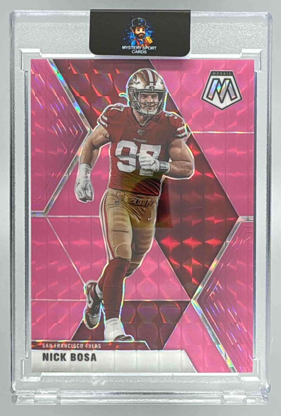 Card image for 2020 Panini Mosaic Nick Bosa Prizm Pink Fluorescent /10 #180 49ers