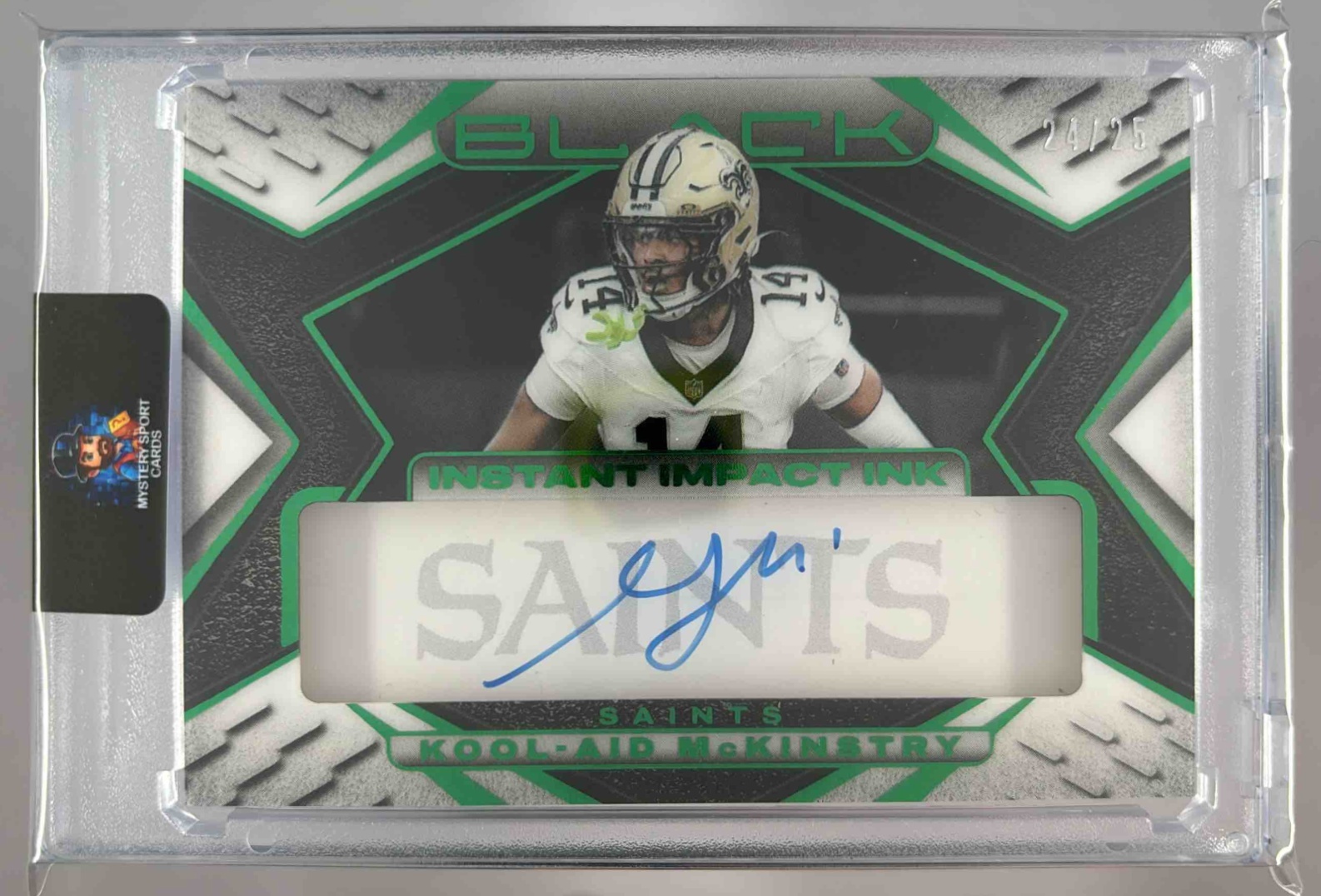 Card image for 2025 Panini Black Kool-Aid McKinstry Instant Impact Ink Auto Emerald /25 #III-KMY Saints