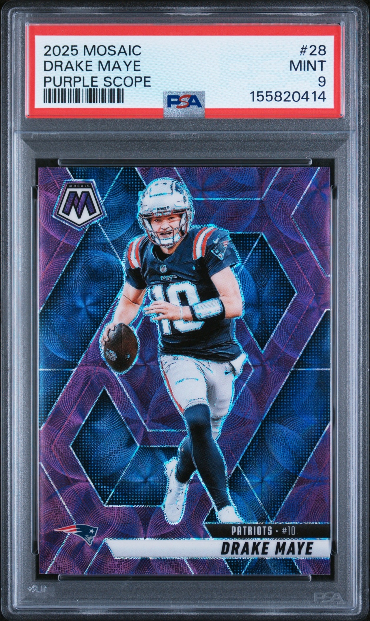 Card image for 2025 Panini Mosaic Drake Maye Purple Scope Prizm #28 Patriots