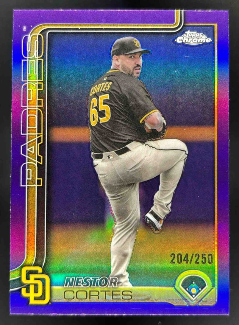 Card image for 2025 Topps Chrome Update Nestor Cortes Purple Refractor /250 #USC130 Padres