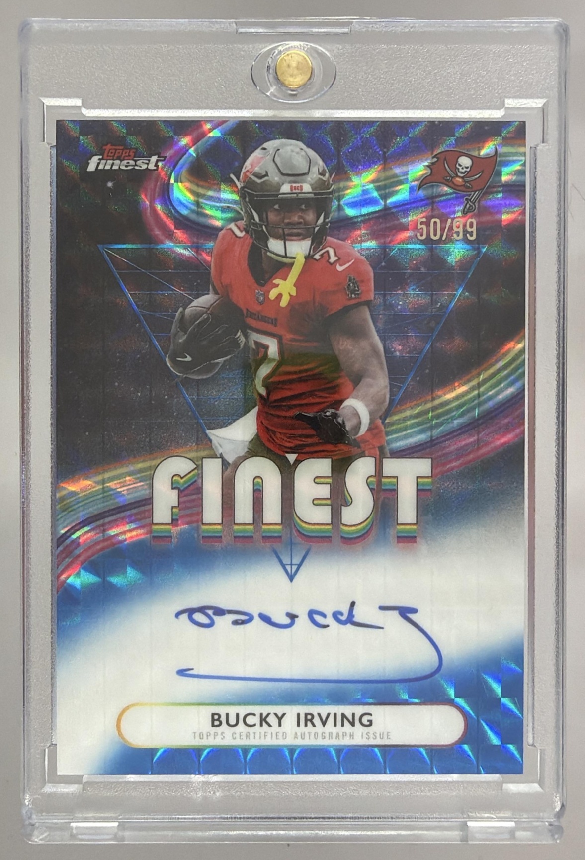 Card image for 2025 Topps Finest Bucky Irving Auto Blue Geometric Refractor /99 #FA-BI Buccaneers