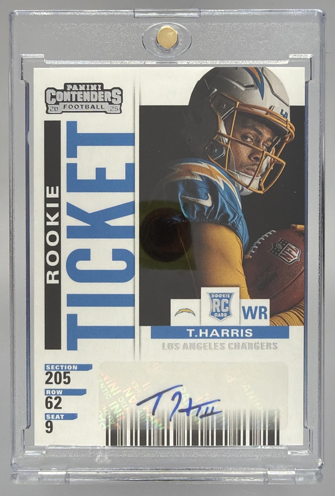 Card image for 2025 Panini Select Tre Harris Contenders Rookie Super Bowl Ticket RPS Variation 1/1 #30 RC Auto Chargers