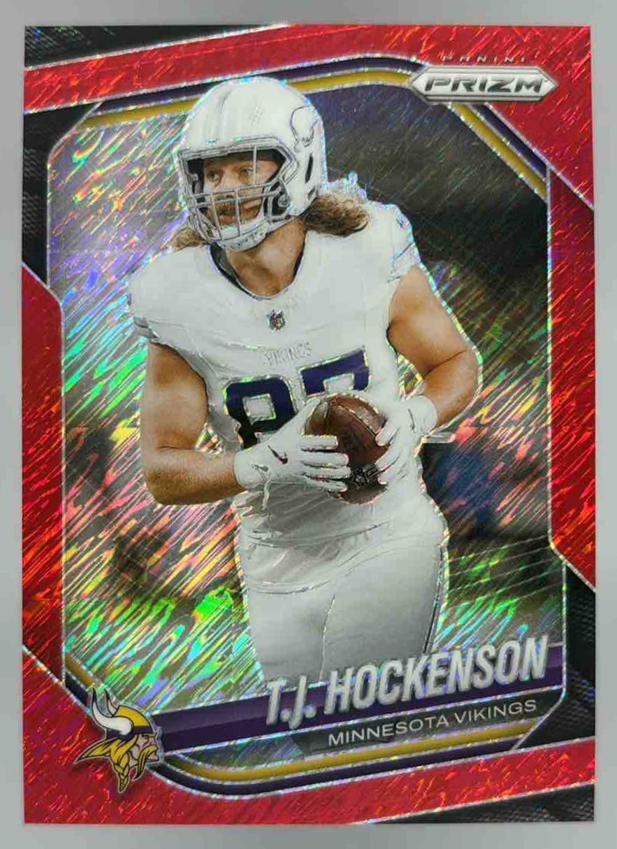 Card image for 2025 Panini Football Prizm T.J. Hockenson Red Shimmer /49 #173 Minnesota Vikings