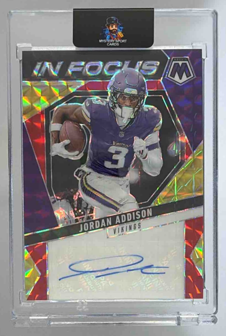 Card image for 2025 Panini Mosaic Jordan Addison In Focus Signatures #IFS-JAN Auto Vikings