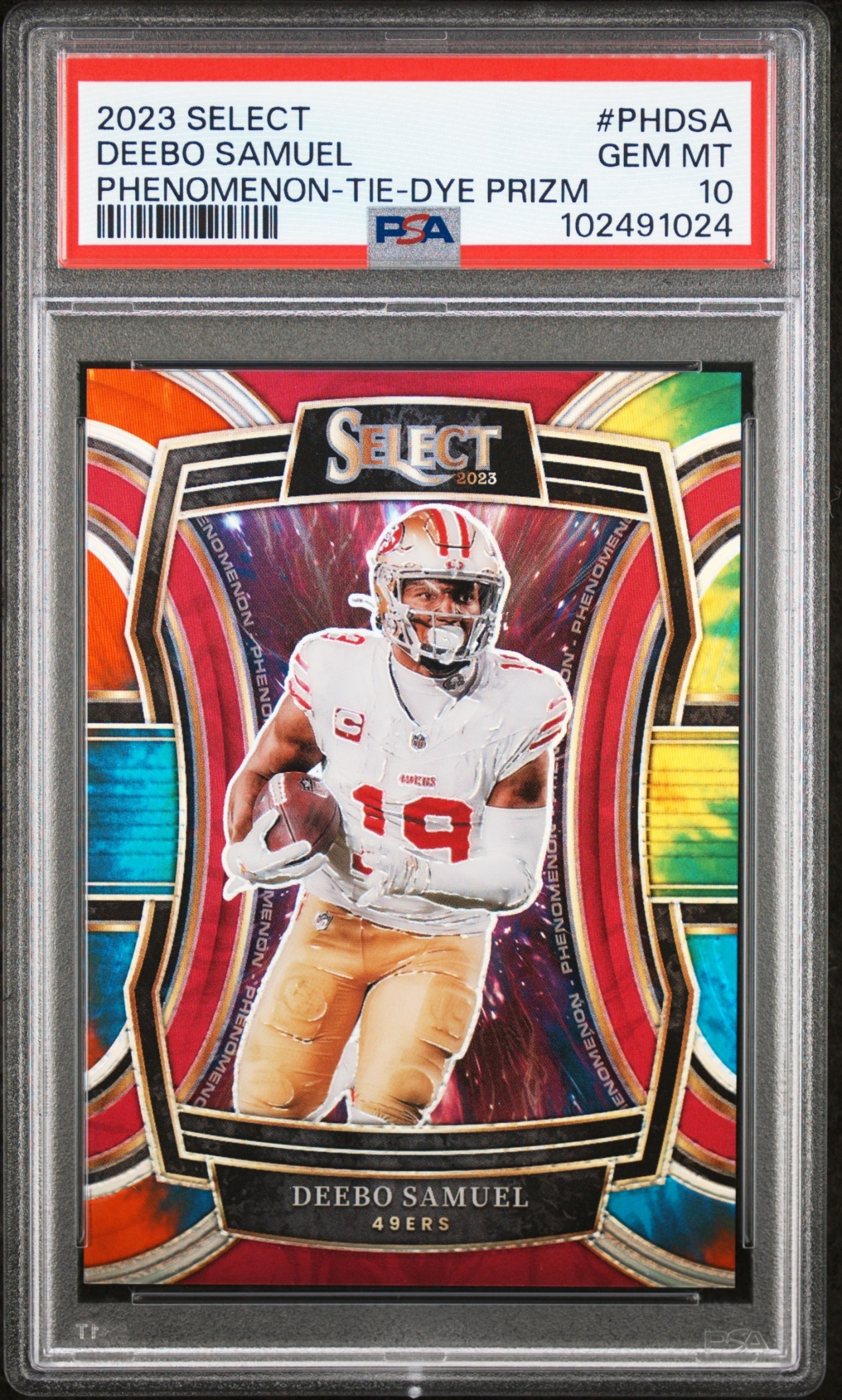 Card image for 2023 Panini Select Deebo Samuel Phenomenon Tie Dye Prizm /25 #PH-DSA 49ers PSA 10