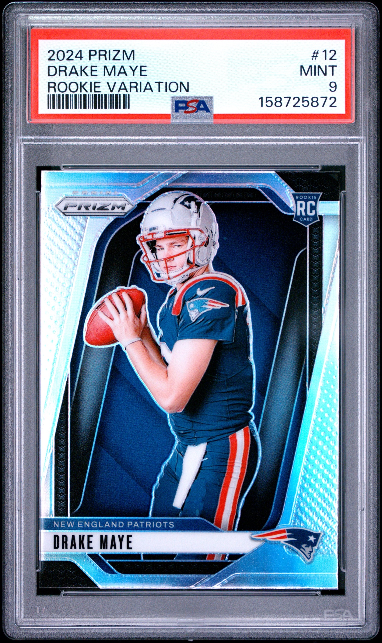 Card image for 2024 Panini Prizm Drake Maye Rookie Variations #12 RC VAR Patriots