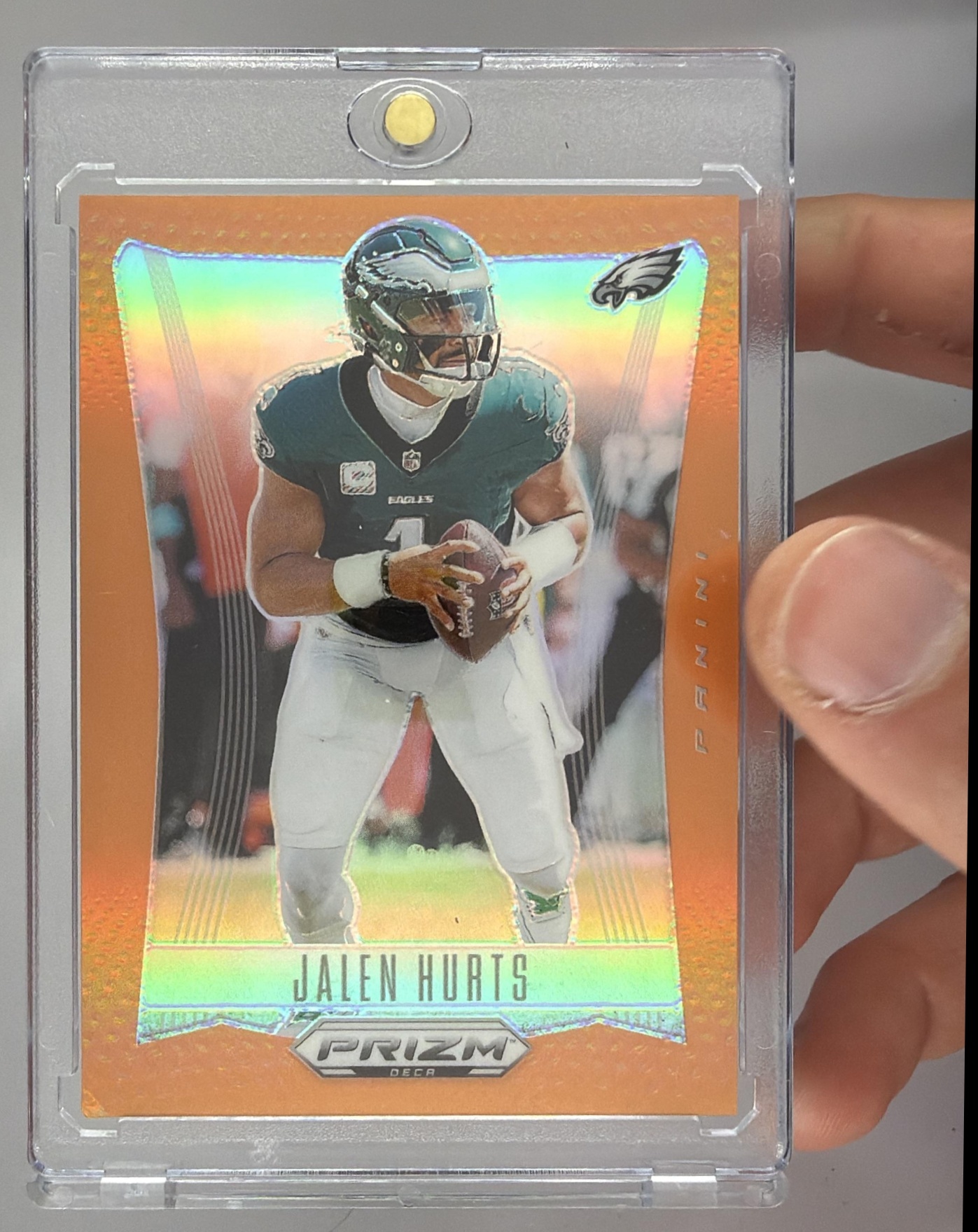 Card image for 2024 Panini Football Prizm Deca Jalen Hurts Orange /49 #245 Philadelphia Eagles