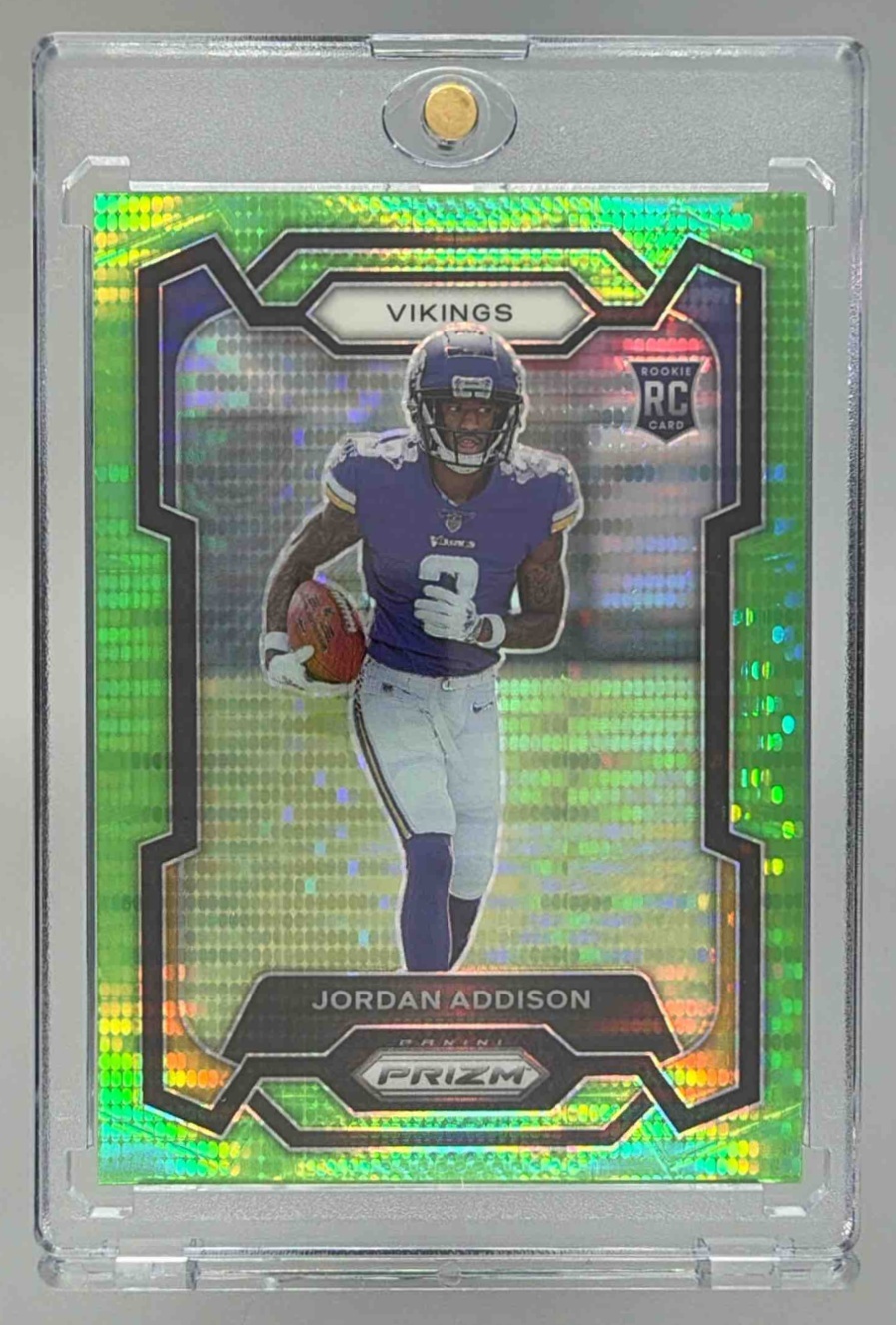 Card image for 2023 Panini Prizm Jordan Addison Neon Green Pulsar #368 RC Vikings