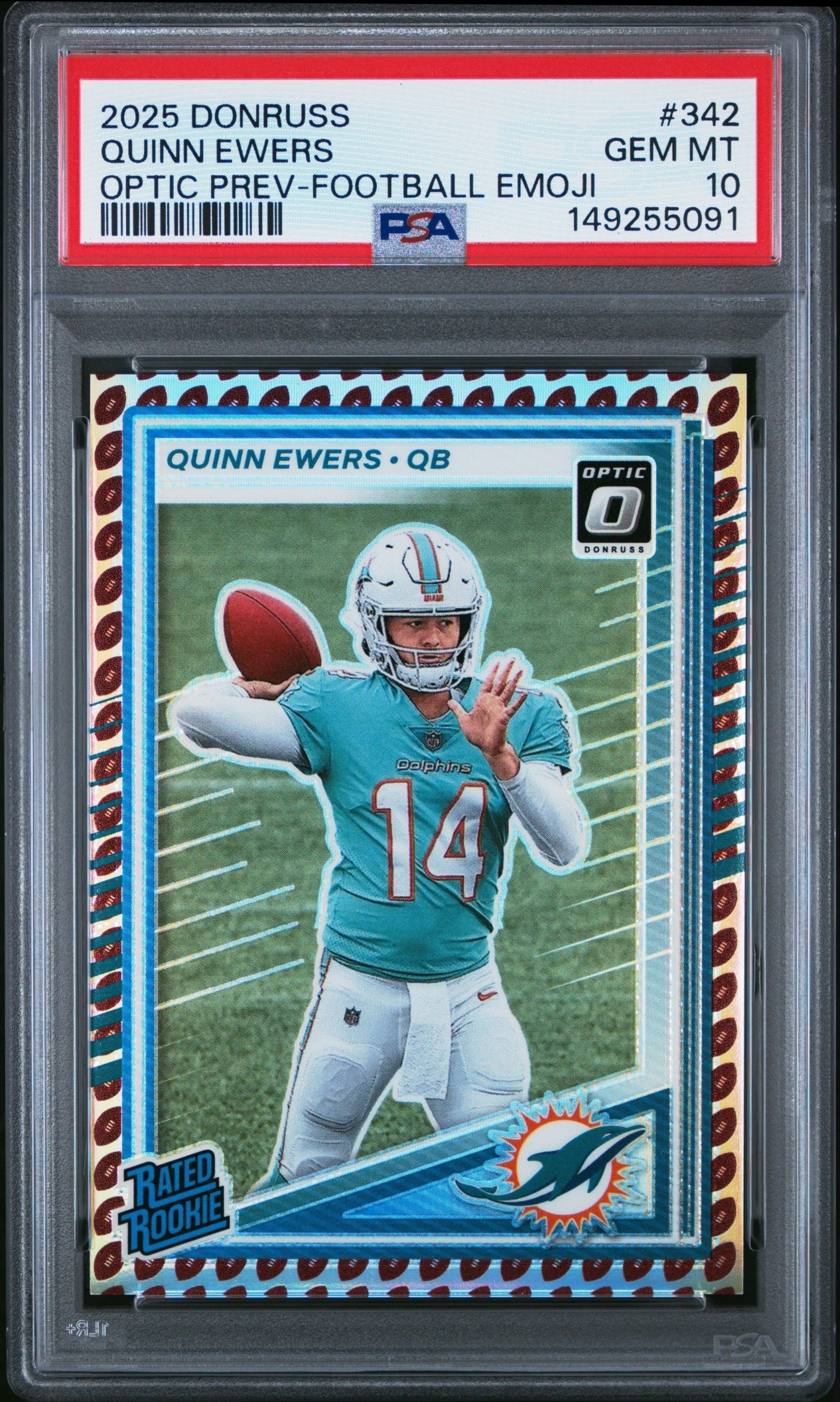 Card image for 2025 Panini Donruss Quinn Ewers Optic Rated Rookie Preview Football Emoji #342 RC Dolphins