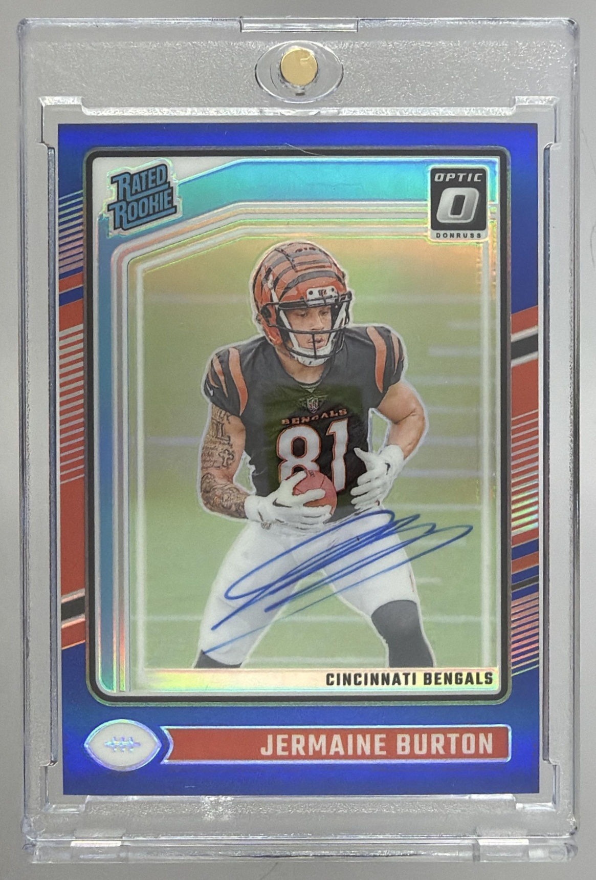 Card image for 2024 Panini Donruss Optic Jermaine Burton Rated Rookie RPS Auto Blue /99 #251 Bengals