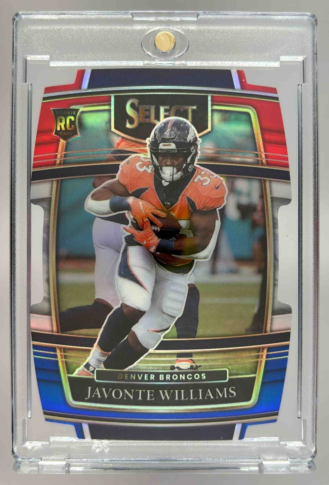 Card image for 2021 Panini Select Javonte Williams Red and Blue Prizm Die Cut #57 RC Concourse Broncos