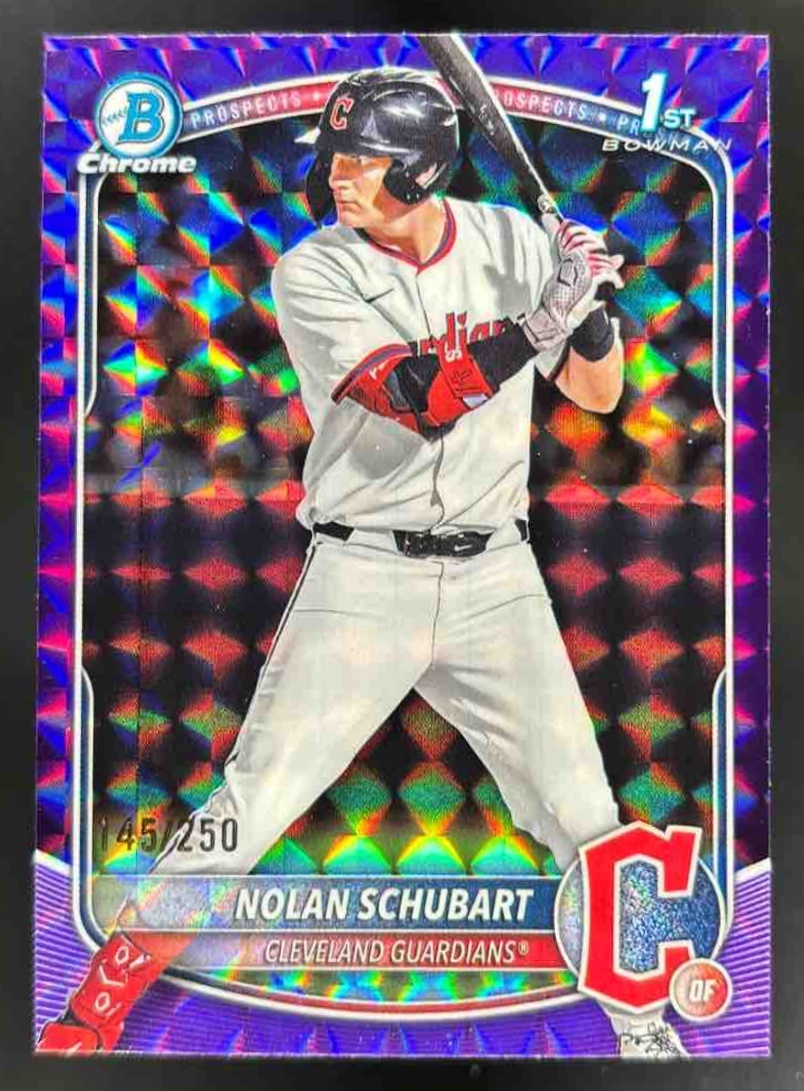 Card image for 2025 Bowman Draft Nolan Schubart Chrome Purple Geometric Refractor /250 1st