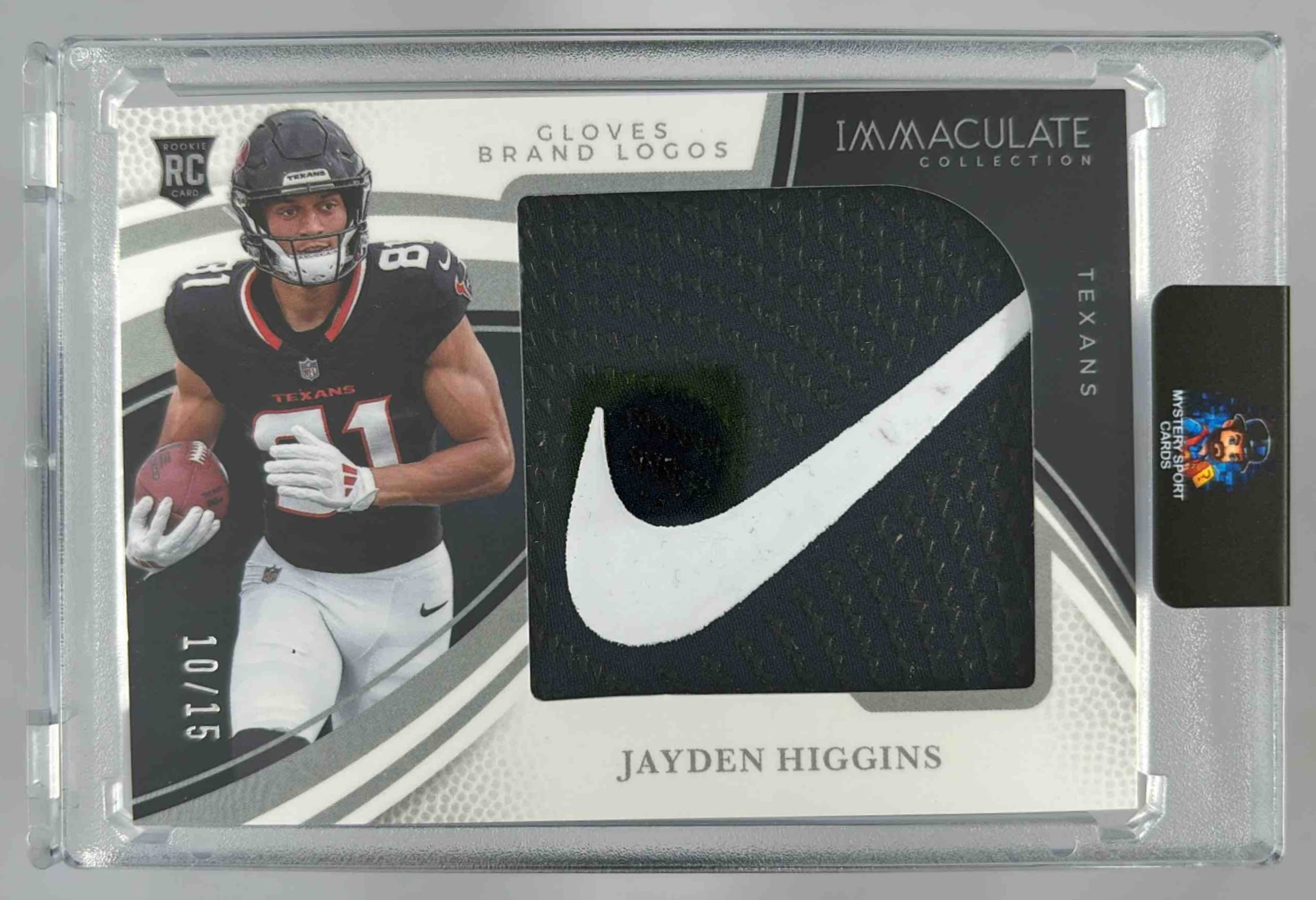Card image for 2025 Panini Immaculate Collection Jayden Higgins Rookie Gloves Brand Logos /15 #14 RC MEM Texans