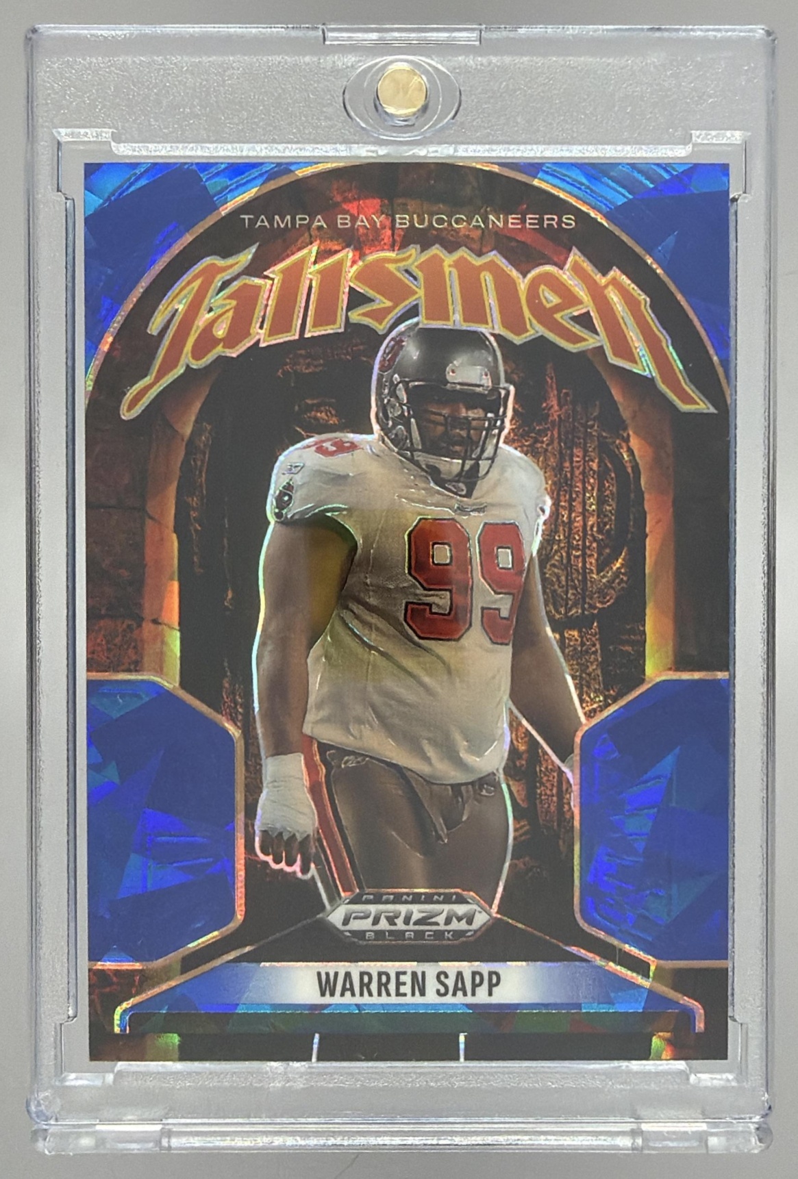 Card image for 2025 Panini Prizm Black Warren Sapp Talismen Blue Ice /125 #14 Buccaneers