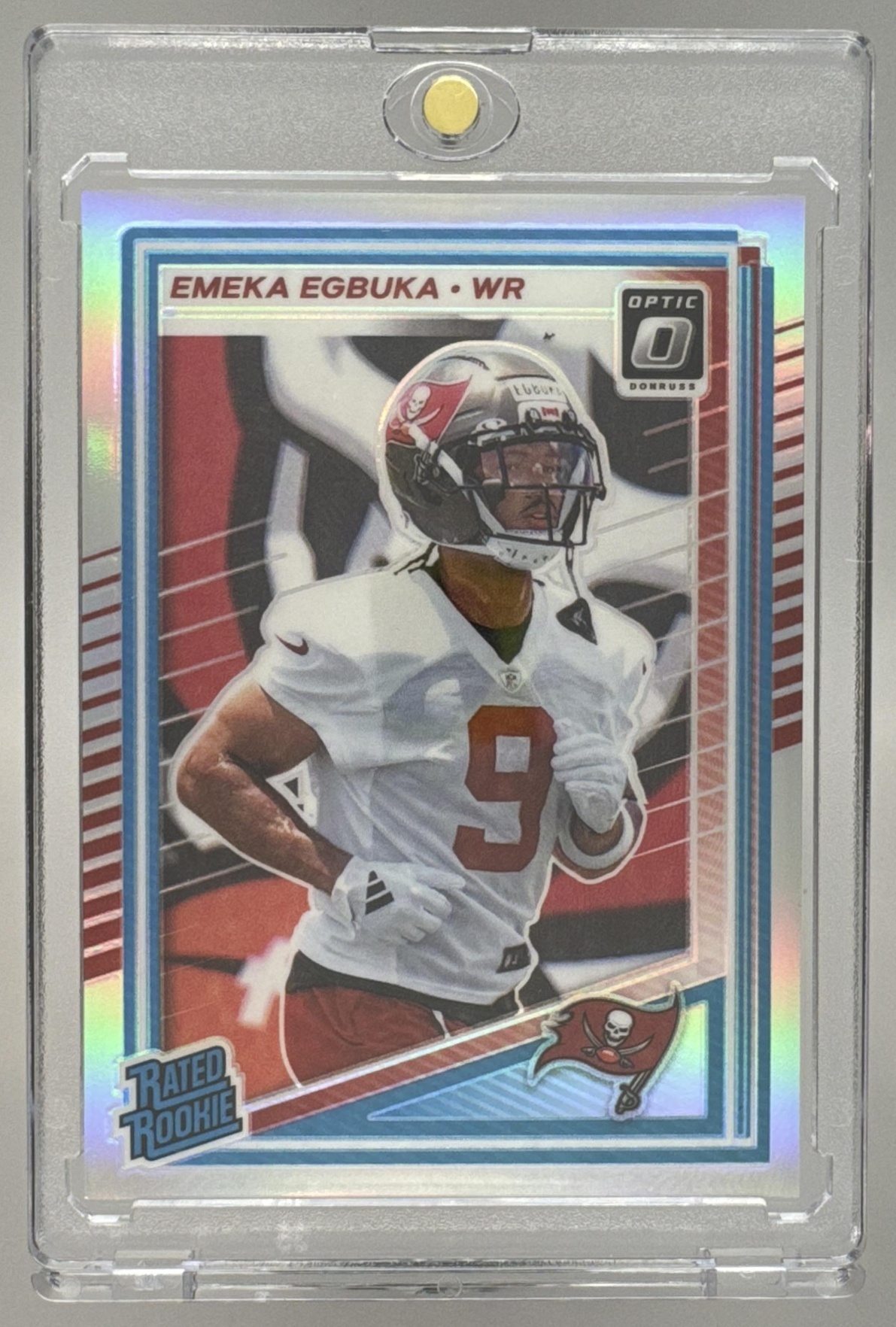 Card image for 2025 Panini Donruss Optic Emeka Egbuka Rated Rookie Purple Shock Prizm #265 Buccaneers