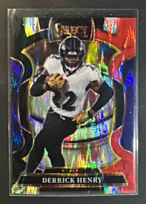 Card image for 2025 Panini Select Derrick Henry #60 Concourse Black and Red Prizm Shock Ravens