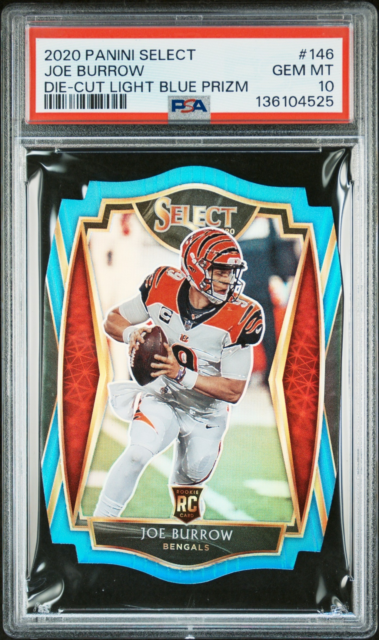 Card image for 2020 Panini Select Joe Burrow Light Blue Prizm /99 #146 RC Premier Level Bengals
