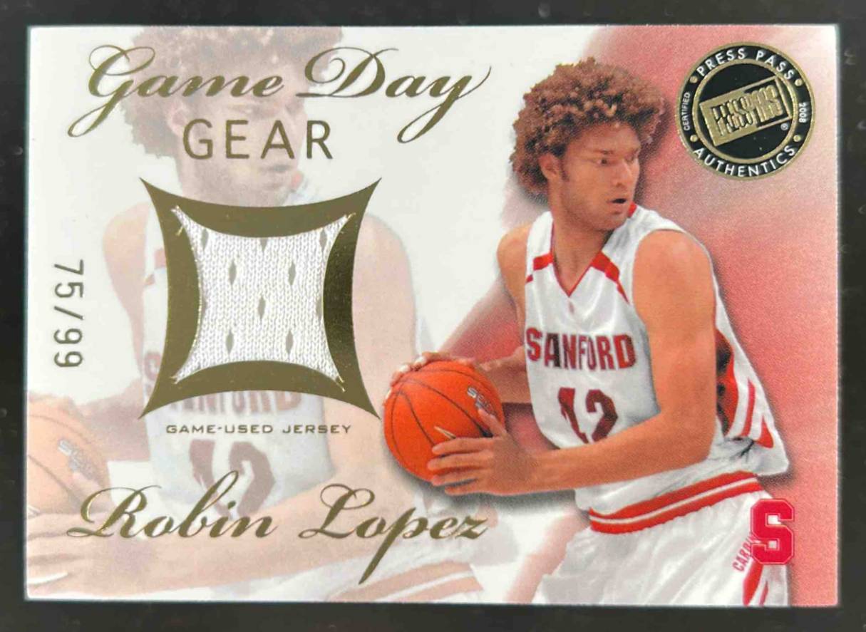 Card image for 2008 Press Pass Robin Lopez Game Day Gear Jerseys Gold 75 /99 #GDG-RL MEM RC