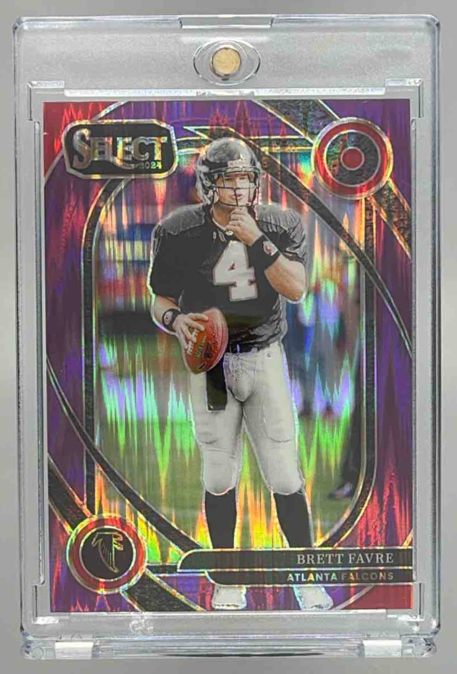 Card image for 2024 Panini Select Brett Favre Club Purple Prizm Shock /360 #211 Falcons
