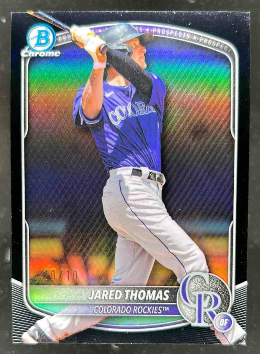 Card image for Jared Thomas 2025 Bowman Draft Chrome Black Refractor /10