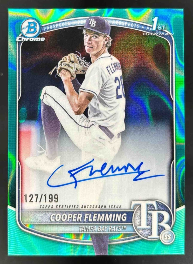 Card image for 2025 Bowman Draft Cooper Flemming Chrome Auto Aqua Lava Refractor /199 1st
