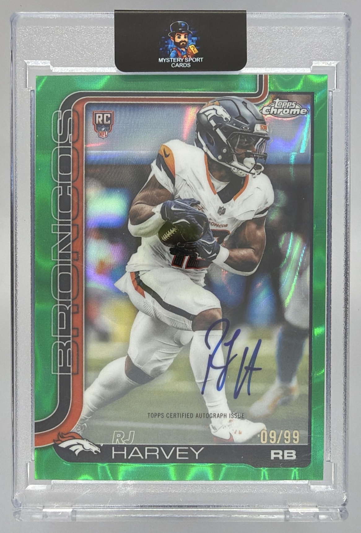 Card image for 2025 Topps Chrome RJ Harvey Rookie Auto Green Geometric Refractor /99 #RA-RH RC Broncos