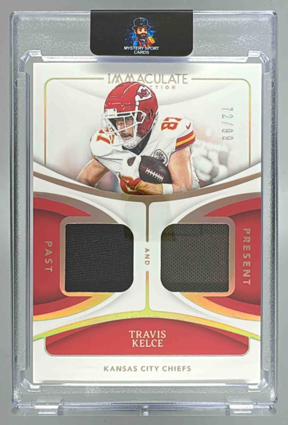 Card image for 2024 Panini Immaculate Travis Kelce Past and Present Materials /99 #PAP-TKE Chiefs