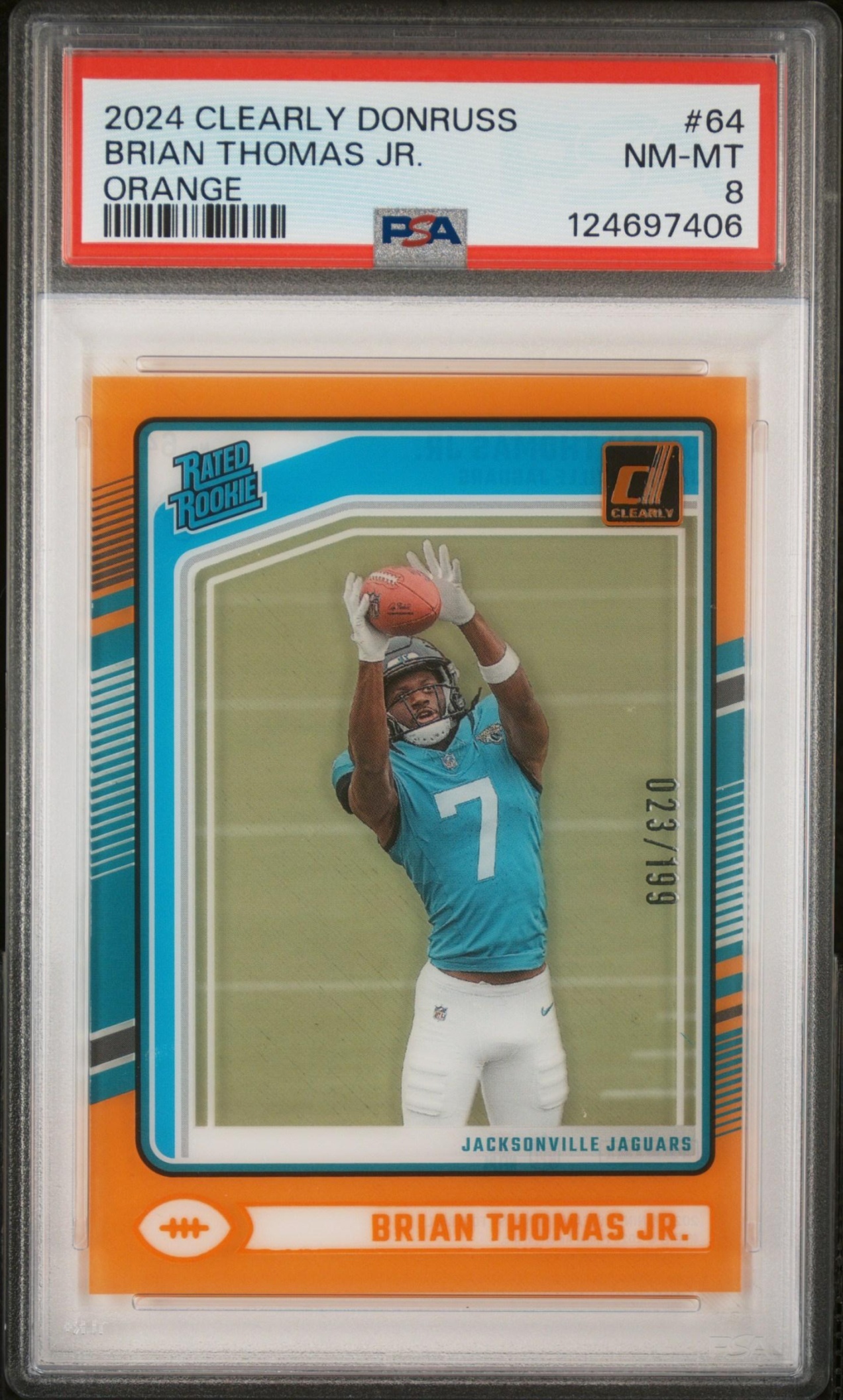 Card image for 2024 Panini Clearly Donruss Brian Thomas Jr. Orange /199 #64 Rated Rookie Jaguars