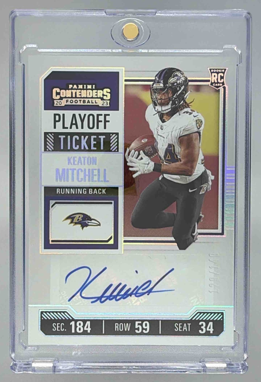Card image for 2023 Panini Contenders Keaton Mitchell Playoff Ticket /149 #248 Auto RC Rookie Ravens