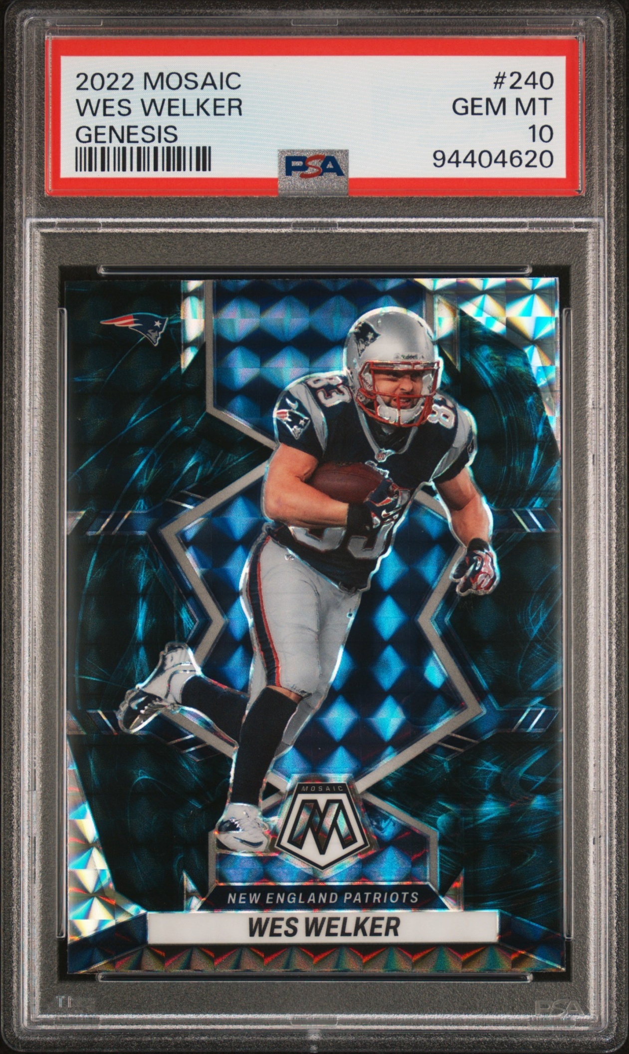 Card image for 2022 Panini Football Mosaic Wes Welker Mosaic Genesis #240 New England Patriots PSA 10