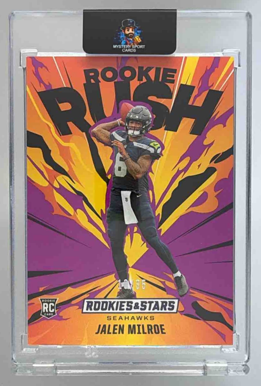Card image for 2025 Panini Rookies & Stars Jalen Milroe Rookie Rush Purple /35 #5 RC Seahawks