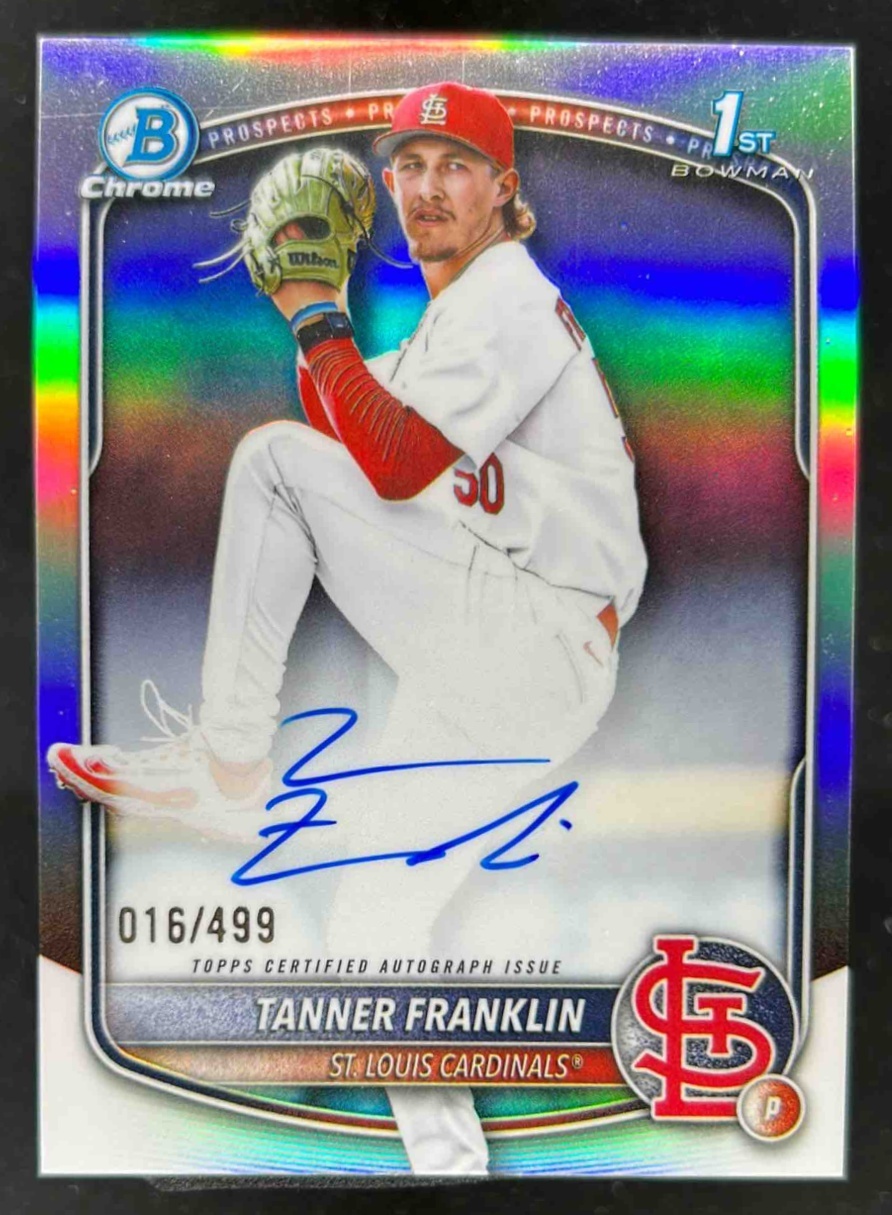 Card image for Tanner Franklin 2025 Bowman Draft Chrome Prospect Auto Refractor /499