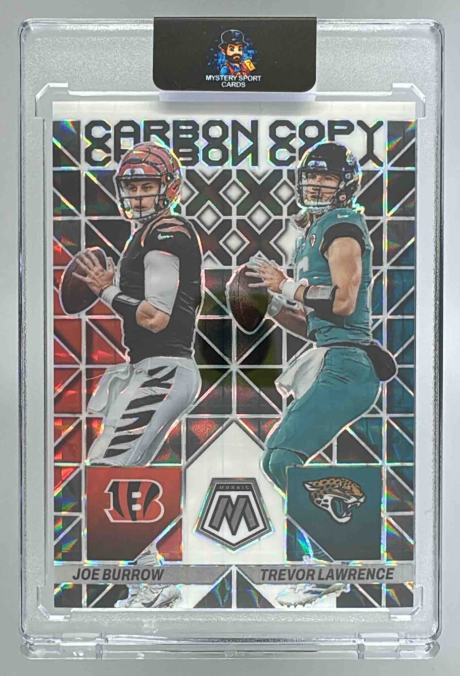 Card image for 2023 Panini Mosaic Joe Burrow Trevor Lawrence Carbon Copy Mosaic White /25 #CC-3 Jaguars Bengals