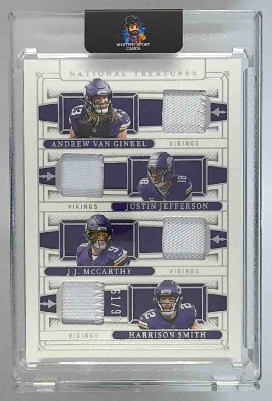 Card image for 2025 Panini National Treasures Andrew Van Ginkel Harrison Smith J.J. McCarthy Justin Jefferson NFL Gear Quad Materials Holo Silver /25 #NQM-MIN Vikings