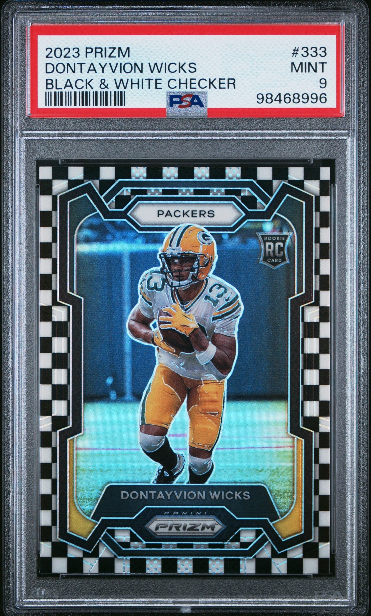 Card image for 2023 Panini Prizm Dontayvion Wicks Black and White Checker #333 RC Packers
