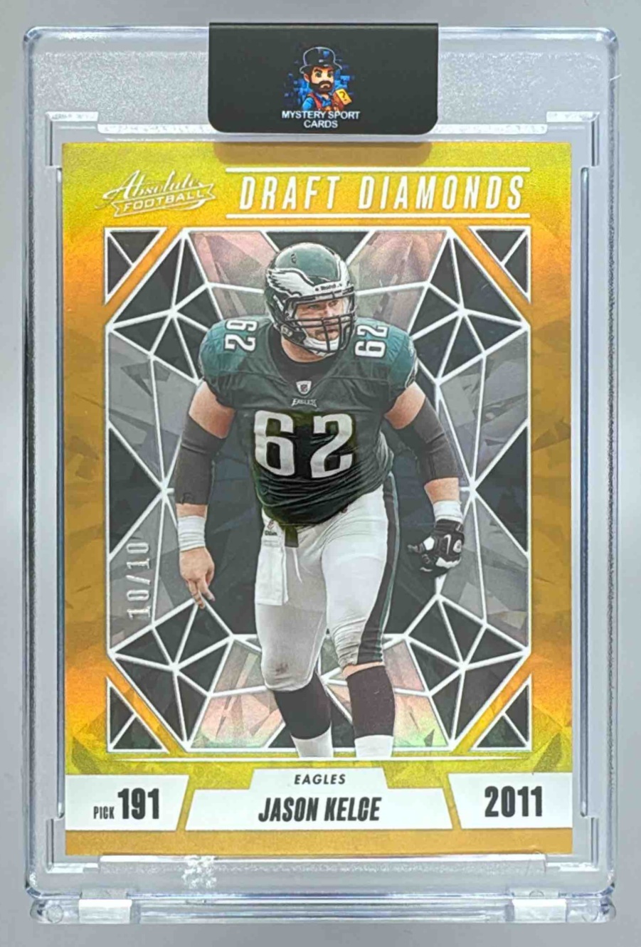 Card image for 2024 Panini Absolute Jason Kelce Draft Diamonds Gold Spectrum /10 #DD-JKE Eagles