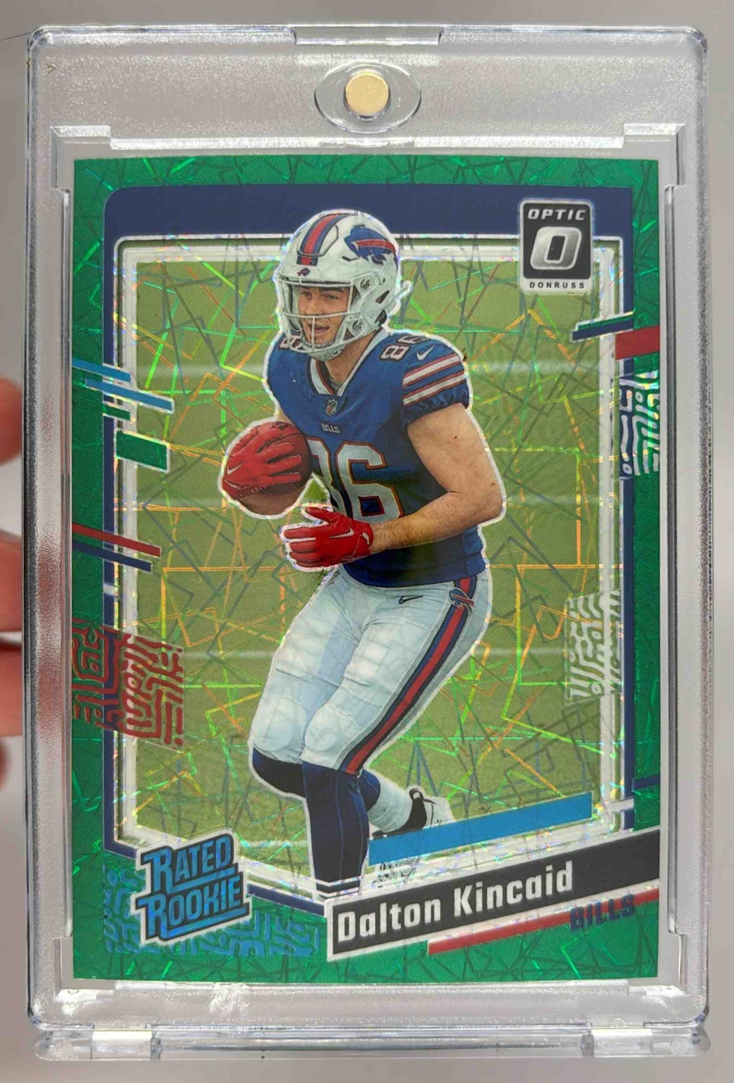 Card image for 2023 Panini Donruss Optic Dalton Kincaid Green Velocity Prizm #211 RC Rated Rookie Bills