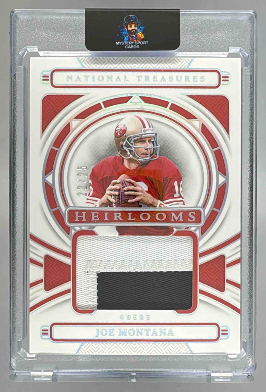Card image for 2024 Panini National Treasures Joe Montana Heirlooms Holo Silver /25 #H-JMA MEM 49ers