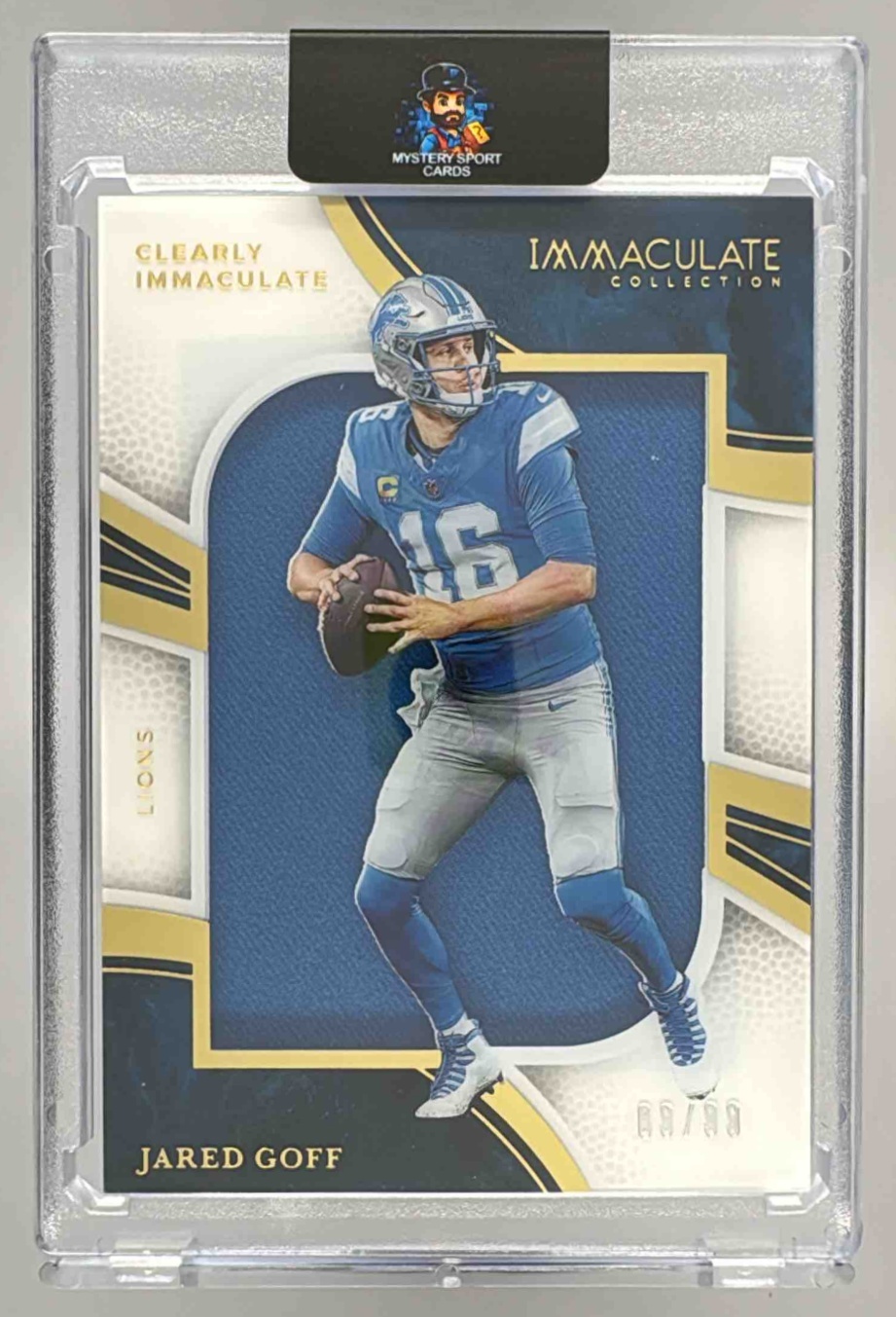 Card image for 2025 Panini Immaculate Collection Jared Goff Clearly Jerseys /99 #CIJ-JG MEM Lions