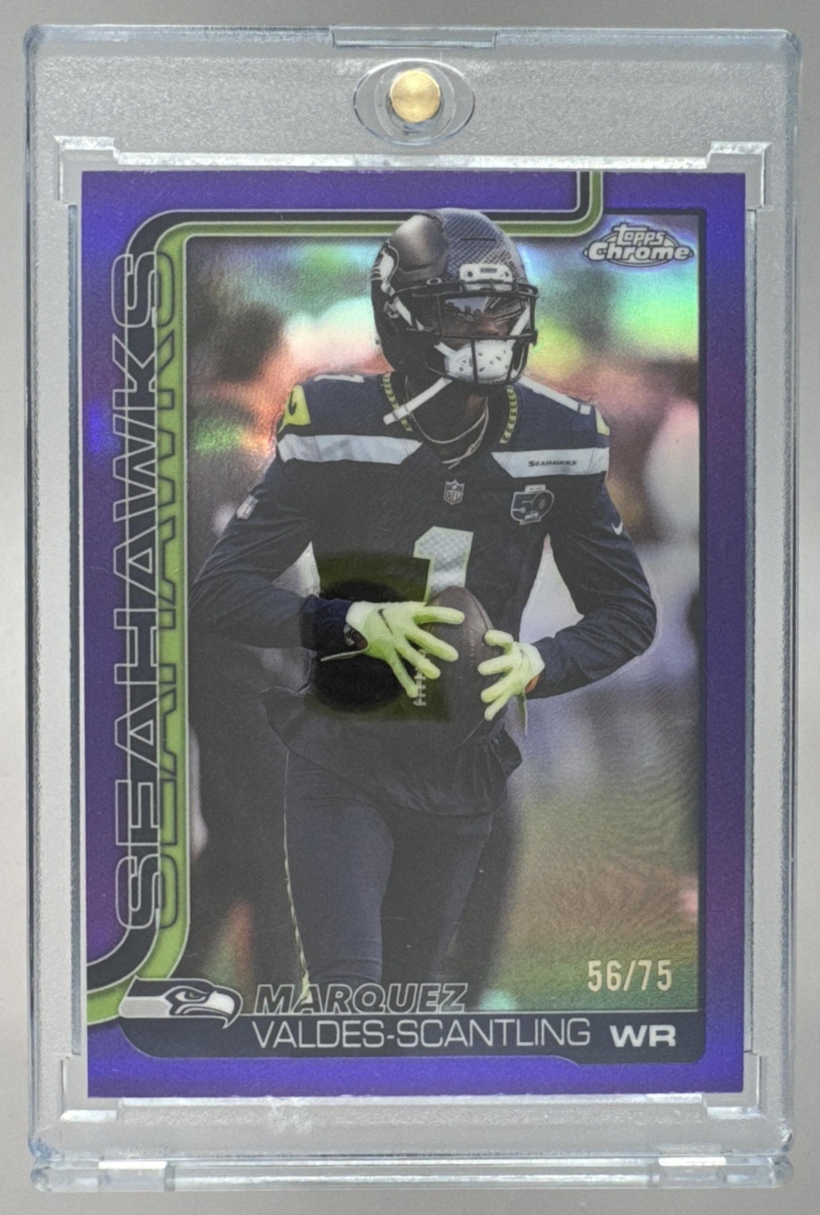 Card image for 2025 Topps Chrome Marquez Valdes-Scantling Purple Lava Refractor /75 #272 Seahawks