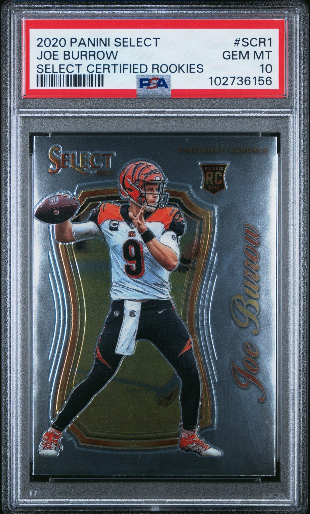 Card image for 2020 Panini Select Joe Burrow Disco Red Prizm /49 #246 Club RC Bengals