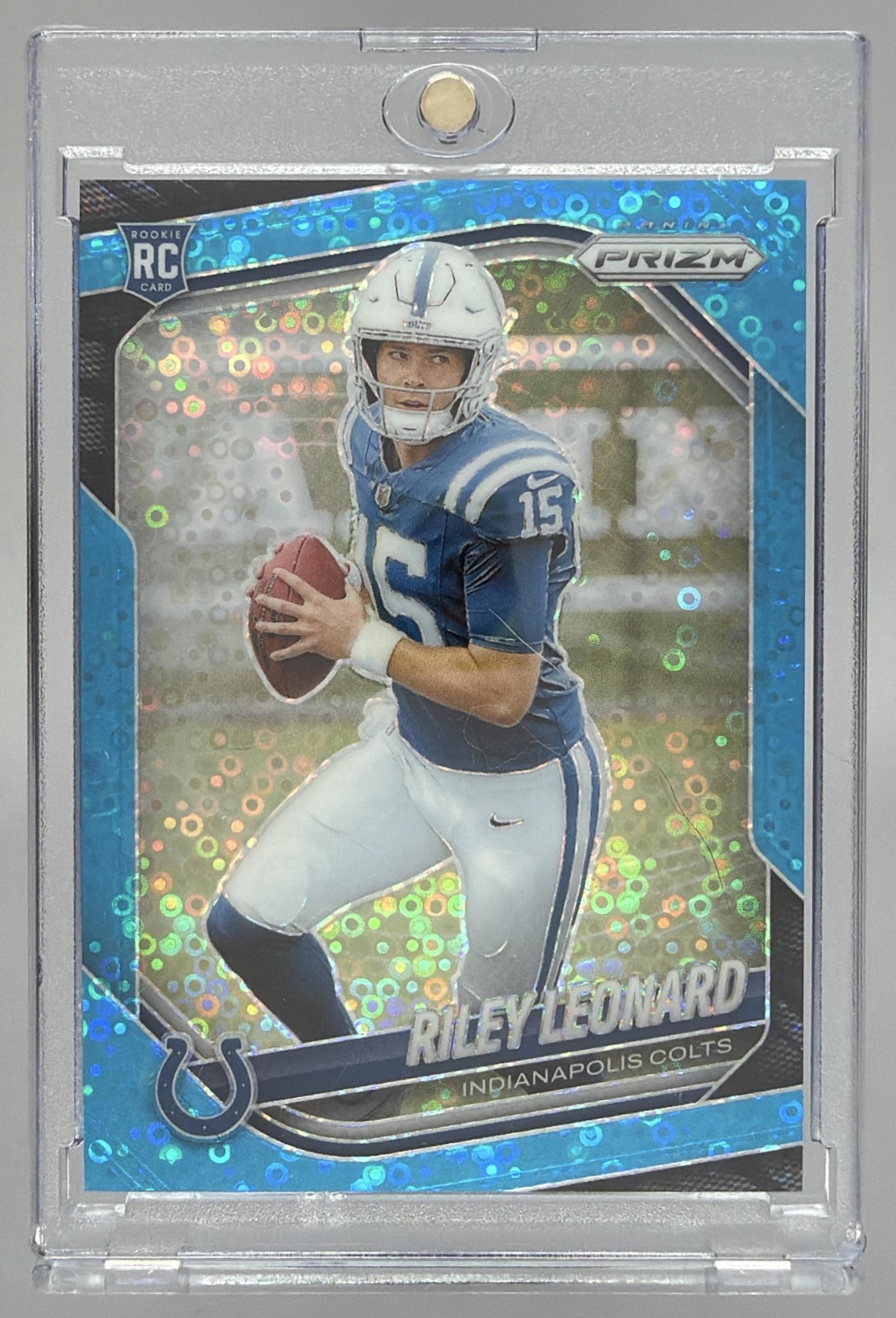 Card image for 2025 Panini Prizm Riley Leonard No Huddle Blue /125 #342 RC Colts
