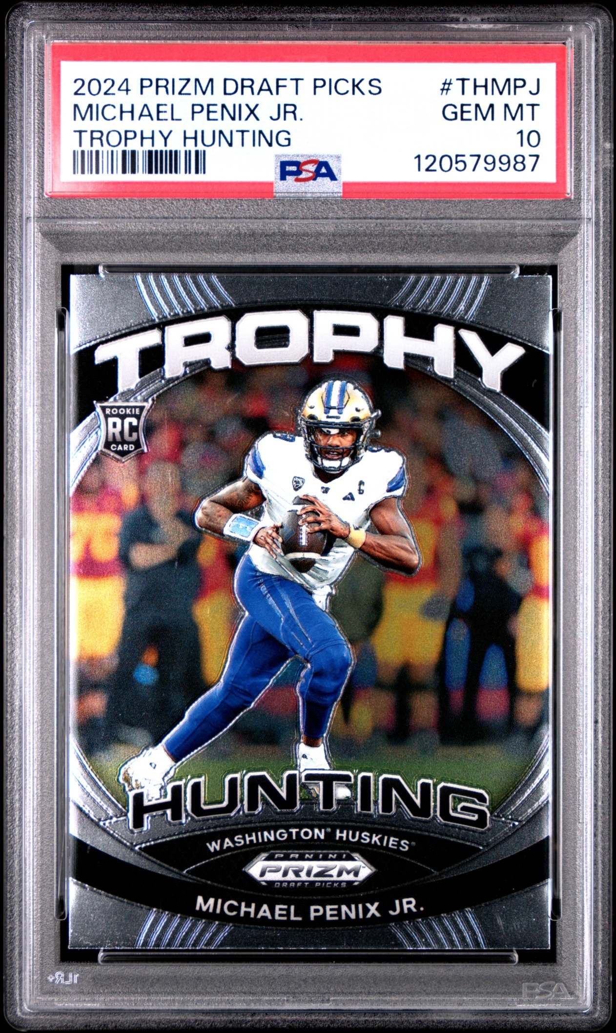 Card image for 2024 Panini Prizm Collegiate Draft Picks Michael Penix Jr. Trophy Hunting #TH-MPJ RC Huskies
