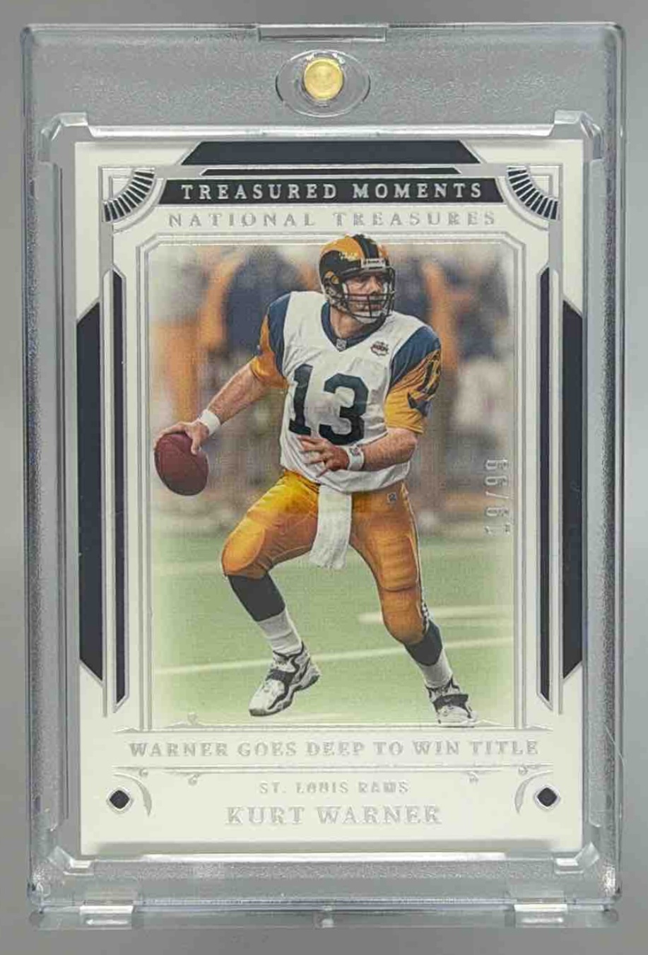 Card image for 2025 Panini National Treasures Kurt Warner Treasured Moments /99 #TM-KWR Rams